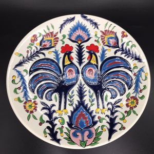 Vintage Embossed 2 Roosters Plate Hand Made & Painted Nassos Rodos Hellas Greece
